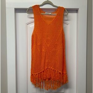 Cato Crochet Neon Orange 90s Y2K Style Tank Sweater With Tassles Size L